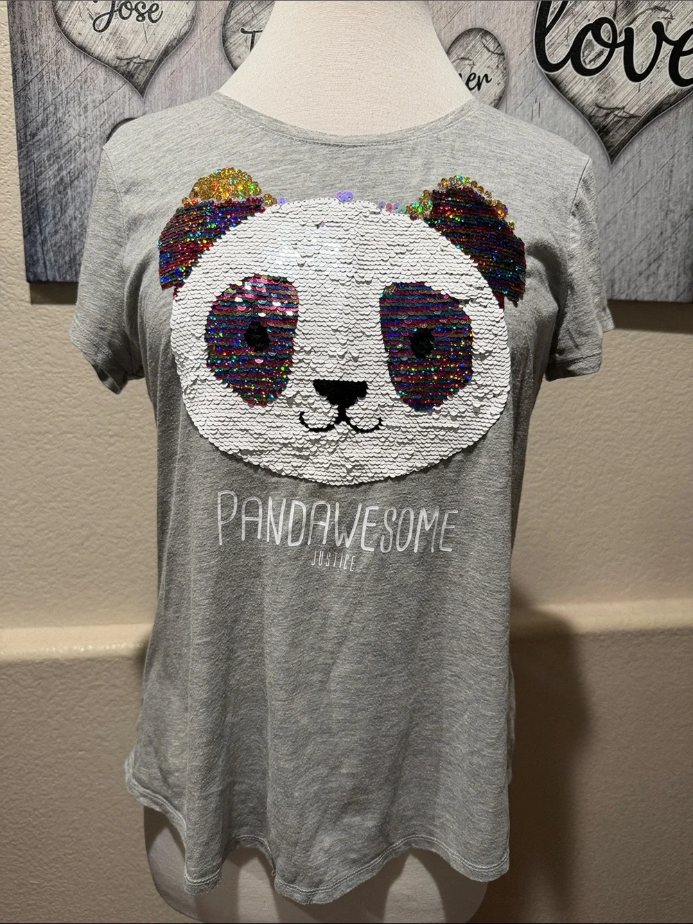 Justice Gray Tee with Multicolor Sequin Panda